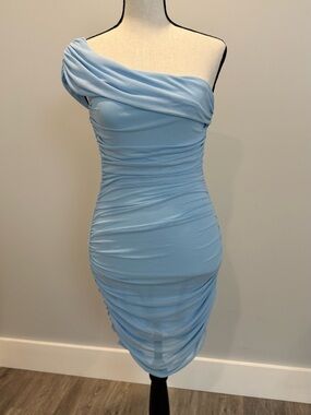 Hello Molly Mesh Off Shoulder mini Light Blue Dress, size XS